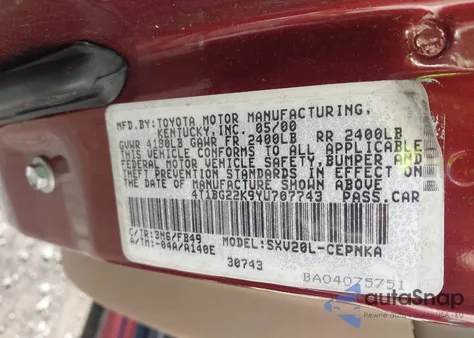 2000 Toyota Camry Le из США, поврежденный, VIN 4T1BG22K9YU707743